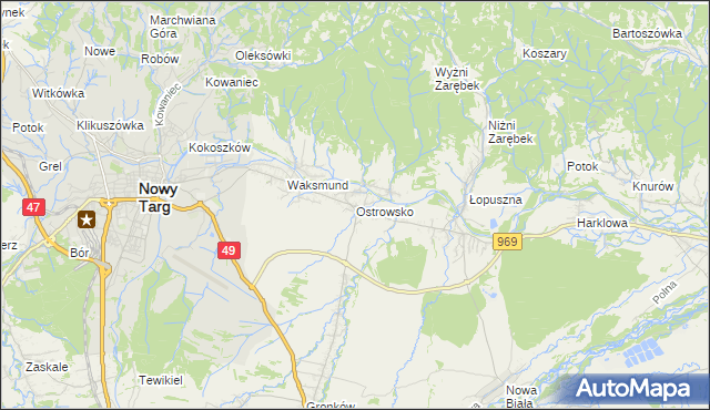 mapa Ostrowsko gmina Nowy Targ, Ostrowsko gmina Nowy Targ na mapie Targeo