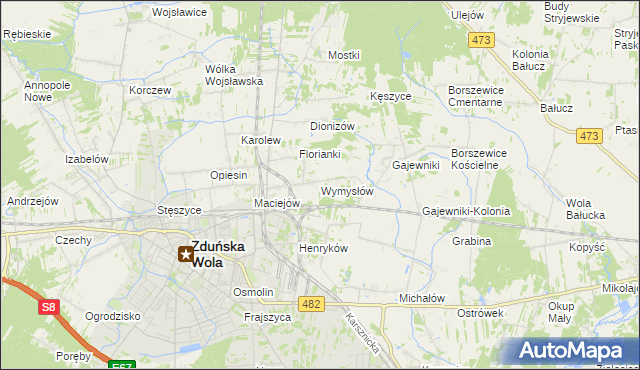 mapa Wymysłów gmina Zduńska Wola, Wymysłów gmina Zduńska Wola na mapie Targeo