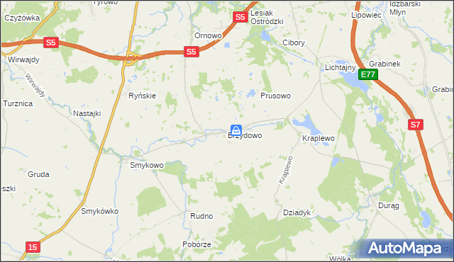 mapa Brzydowo gmina Ostróda, Brzydowo gmina Ostróda na mapie Targeo