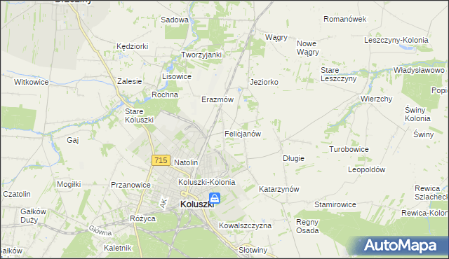 mapa Felicjanów gmina Koluszki, Felicjanów gmina Koluszki na mapie Targeo