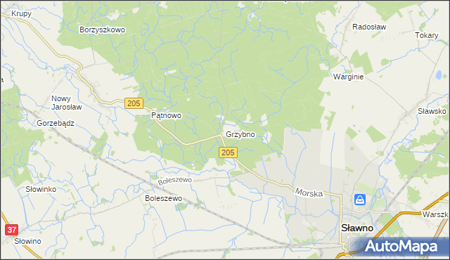 mapa Grzybno gmina Sławno, Grzybno gmina Sławno na mapie Targeo