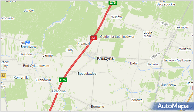 mapa Kruszyna powiat częstochowski, Kruszyna powiat częstochowski na mapie Targeo