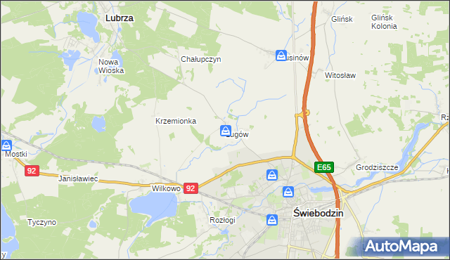 mapa Ługów gmina Świebodzin, Ługów gmina Świebodzin na mapie Targeo