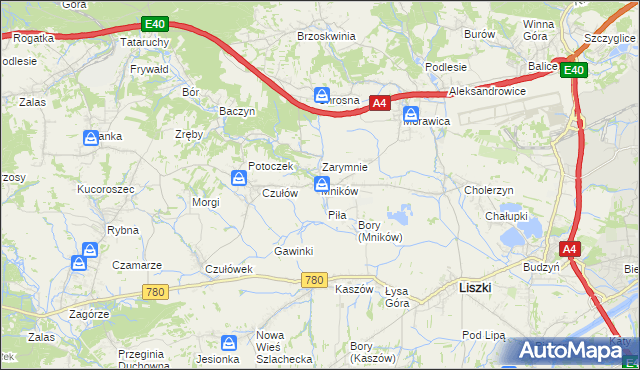 mapa Mników gmina Liszki, Mników gmina Liszki na mapie Targeo