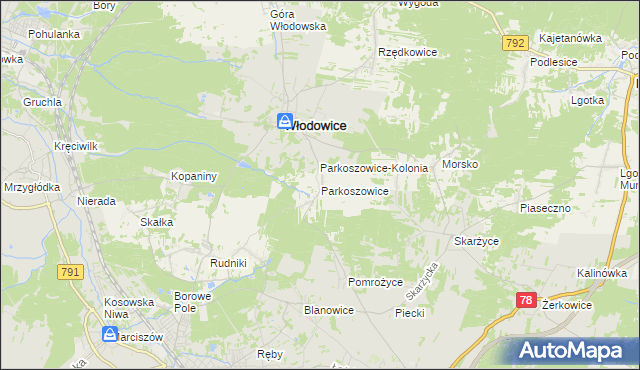 mapa Parkoszowice gmina Włodowice, Parkoszowice gmina Włodowice na mapie Targeo