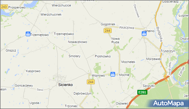 mapa Piotrkówko gmina Sicienko, Piotrkówko gmina Sicienko na mapie Targeo