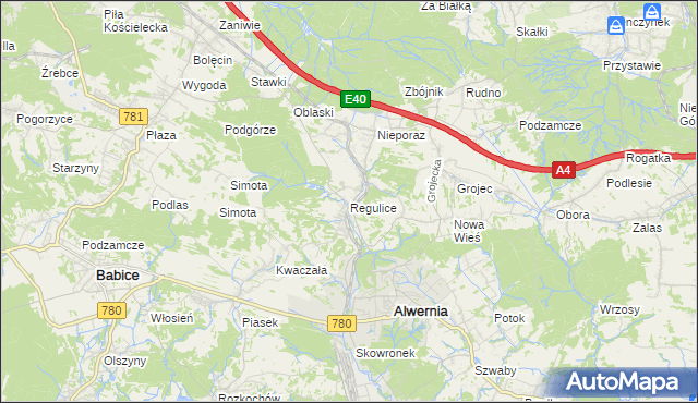 mapa Regulice gmina Alwernia, Regulice gmina Alwernia na mapie Targeo