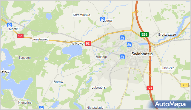 mapa Rozłogi gmina Świebodzin, Rozłogi gmina Świebodzin na mapie Targeo