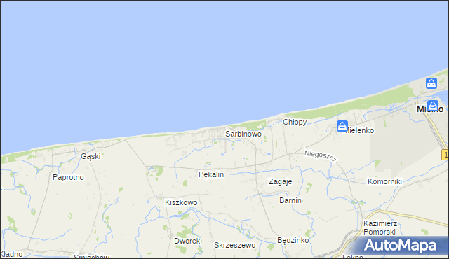 mapa Sarbinowo gmina Mielno, Sarbinowo gmina Mielno na mapie Targeo