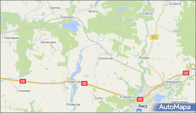 mapa Sokoliniec gmina Recz, Sokoliniec gmina Recz na mapie Targeo
