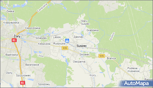 mapa Suszec powiat pszczyński, Suszec powiat pszczyński na mapie Targeo