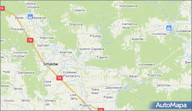 mapa Trawniki gmina Smyków, Trawniki gmina Smyków na mapie Targeo