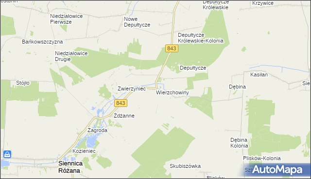 mapa Wierzchowiny gmina Siennica Różana, Wierzchowiny gmina Siennica Różana na mapie Targeo