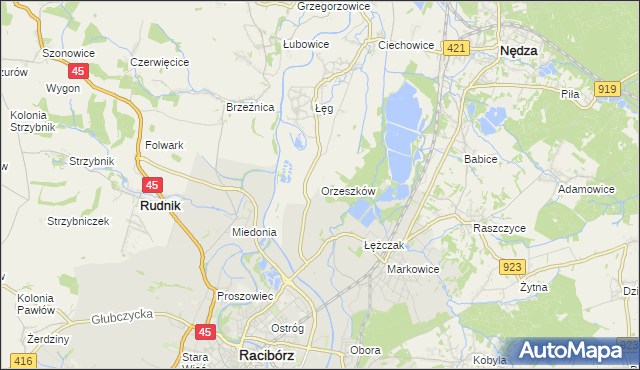 mapa Orzeszków gmina Nędza, Orzeszków gmina Nędza na mapie Targeo