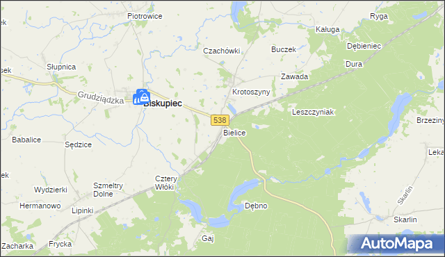 mapa Bielice gmina Biskupiec, Bielice gmina Biskupiec na mapie Targeo