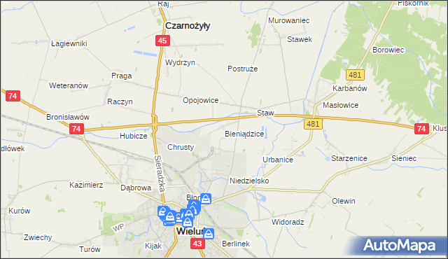 mapa Bieniądzice, Bieniądzice na mapie Targeo