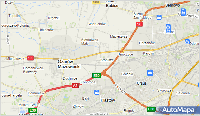 mapa Bronisze gmina Ożarów Mazowiecki, Bronisze gmina Ożarów Mazowiecki na mapie Targeo
