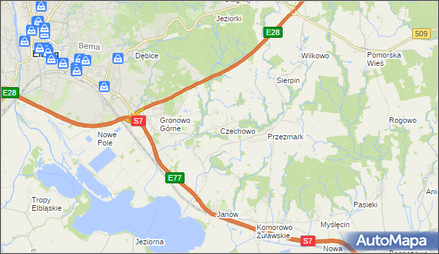 mapa Czechowo gmina Elbląg, Czechowo gmina Elbląg na mapie Targeo