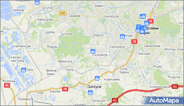 mapa Czyżowice gmina Gorzyce, Czyżowice gmina Gorzyce na mapie Targeo