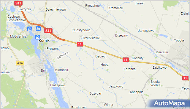 mapa Dębiec gmina Kórnik, Dębiec gmina Kórnik na mapie Targeo