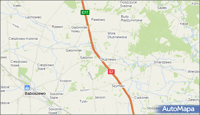 mapa Dłużniewo gmina Baboszewo, Dłużniewo gmina Baboszewo na mapie Targeo