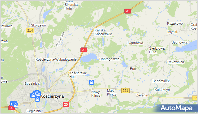 mapa Dobrogoszcz gmina Kościerzyna, Dobrogoszcz gmina Kościerzyna na mapie Targeo