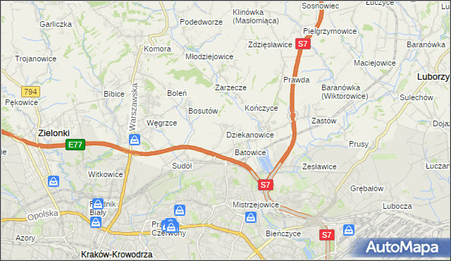 mapa Dziekanowice gmina Zielonki, Dziekanowice gmina Zielonki na mapie Targeo