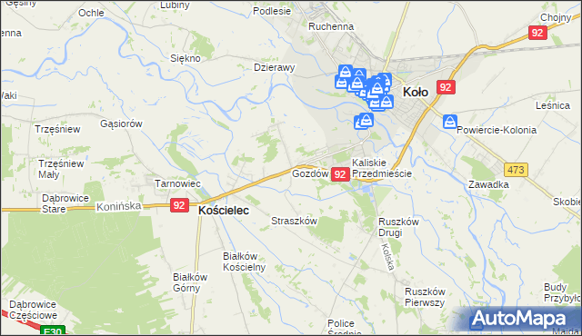 mapa Gozdów gmina Kościelec, Gozdów gmina Kościelec na mapie Targeo