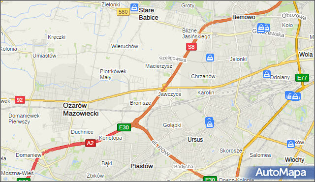 mapa Jawczyce gmina Ożarów Mazowiecki, Jawczyce gmina Ożarów Mazowiecki na mapie Targeo