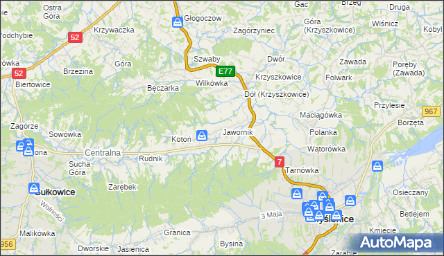 mapa Jawornik gmina Myślenice, Jawornik gmina Myślenice na mapie Targeo