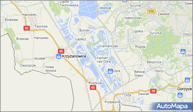 mapa Kamień nad Odrą, Kamień nad Odrą na mapie Targeo