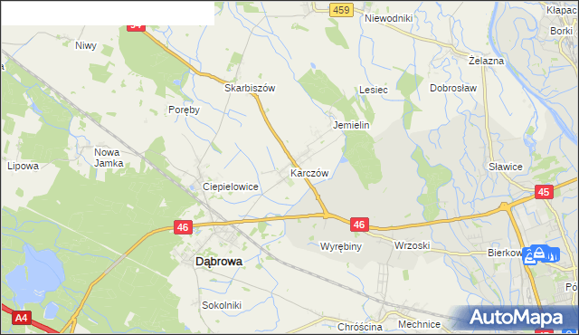 mapa Karczów gmina Dąbrowa, Karczów gmina Dąbrowa na mapie Targeo