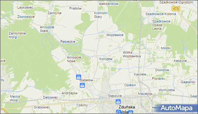 mapa Korczew gmina Zduńska Wola, Korczew gmina Zduńska Wola na mapie Targeo