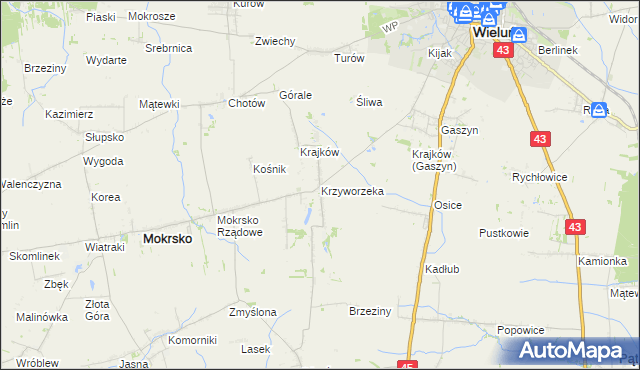 mapa Krzyworzeka gmina Mokrsko, Krzyworzeka gmina Mokrsko na mapie Targeo