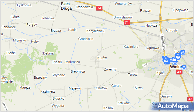 mapa Kurów gmina Wieluń, Kurów gmina Wieluń na mapie Targeo