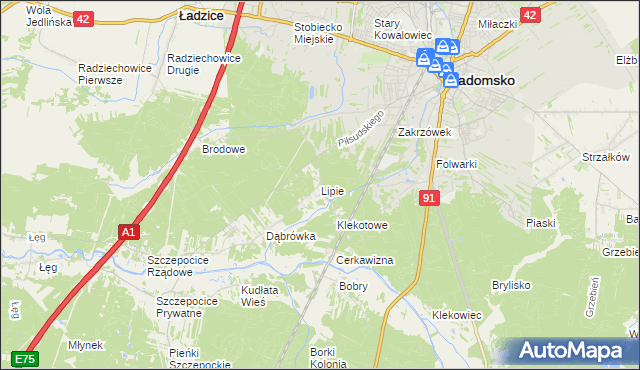 mapa Lipie gmina Radomsko, Lipie gmina Radomsko na mapie Targeo