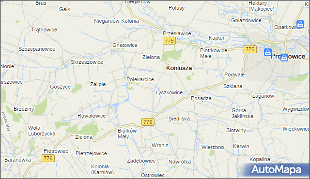 mapa Łyszkowice gmina Koniusza, Łyszkowice gmina Koniusza na mapie Targeo