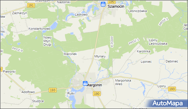 mapa Młynary gmina Margonin, Młynary gmina Margonin na mapie Targeo