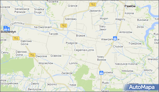 mapa Modrzewie gmina Pawłów, Modrzewie gmina Pawłów na mapie Targeo