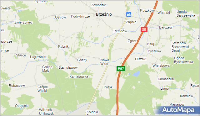 mapa Nowa Wieś gmina Brzeźnio, Nowa Wieś gmina Brzeźnio na mapie Targeo