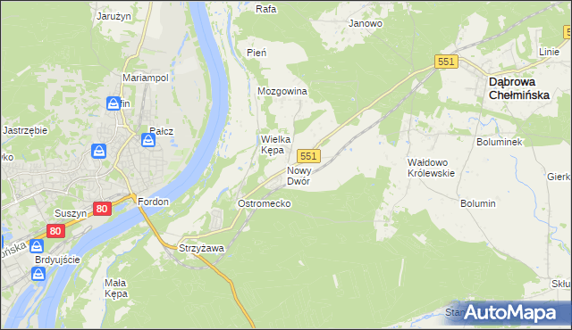 mapa Nowy Dwór gmina Dąbrowa Chełmińska, Nowy Dwór gmina Dąbrowa Chełmińska na mapie Targeo