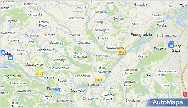 mapa Olszanka gmina Podegrodzie, Olszanka gmina Podegrodzie na mapie Targeo