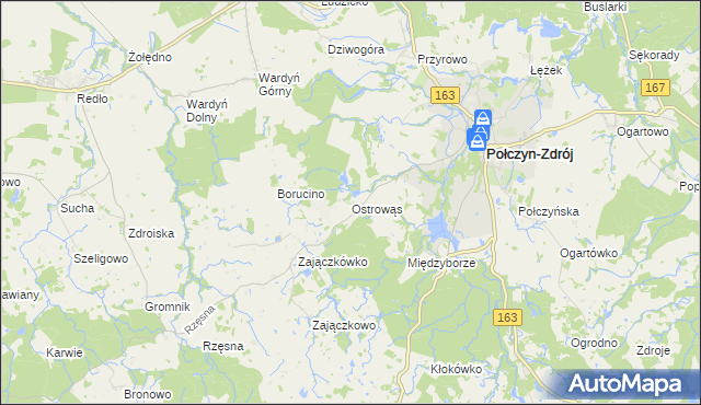 mapa Ostrowąs gmina Połczyn-Zdrój, Ostrowąs gmina Połczyn-Zdrój na mapie Targeo