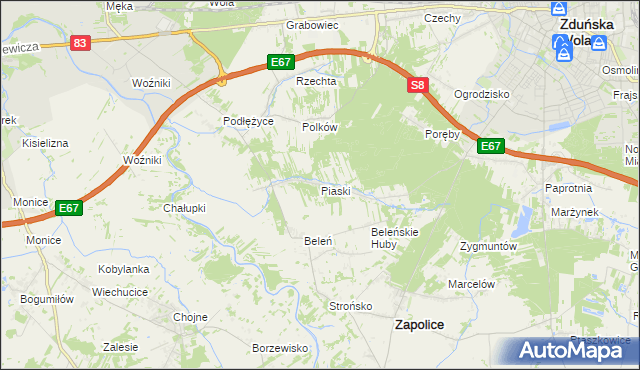 mapa Piaski gmina Zduńska Wola, Piaski gmina Zduńska Wola na mapie Targeo