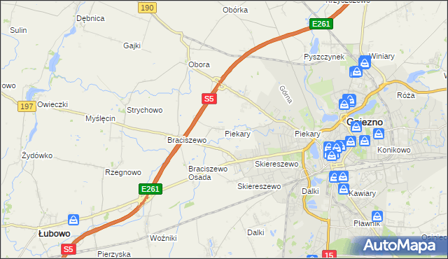 mapa Piekary gmina Gniezno, Piekary gmina Gniezno na mapie Targeo