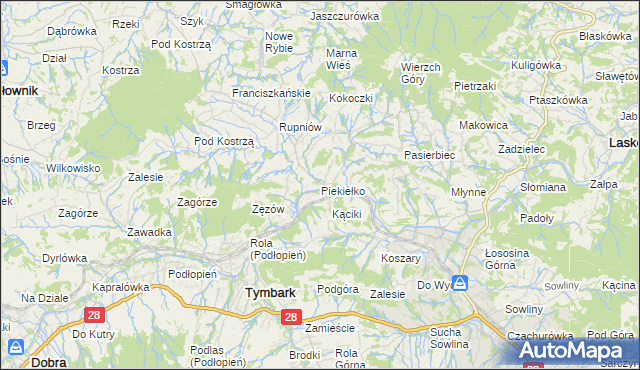 mapa Piekiełko gmina Tymbark, Piekiełko gmina Tymbark na mapie Targeo