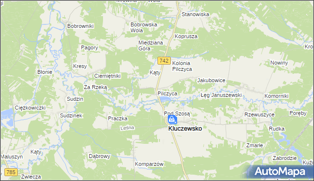 mapa Pilczyca gmina Kluczewsko, Pilczyca gmina Kluczewsko na mapie Targeo