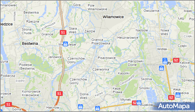 mapa Pisarzowice gmina Wilamowice, Pisarzowice gmina Wilamowice na mapie Targeo
