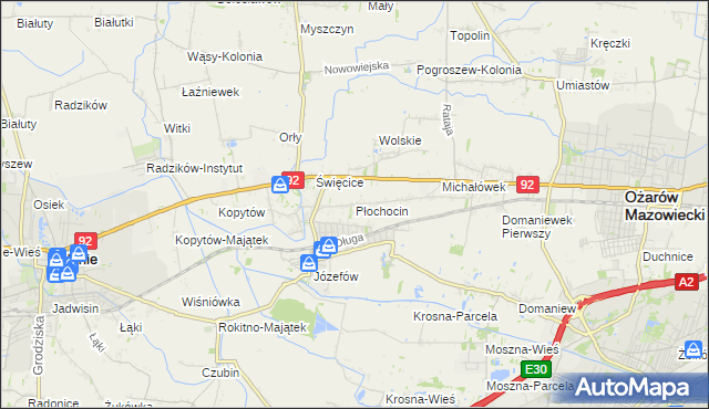 mapa Płochocin gmina Ożarów Mazowiecki, Płochocin gmina Ożarów Mazowiecki na mapie Targeo