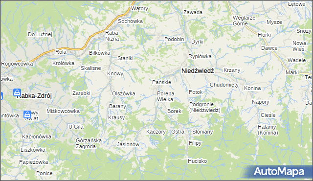 mapa Poręba Wielka gmina Niedźwiedź, Poręba Wielka gmina Niedźwiedź na mapie Targeo